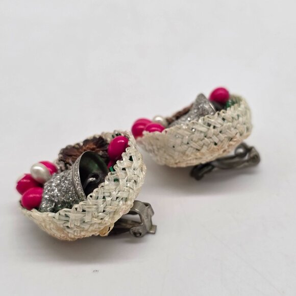 Vintage Christmas Clip-On Earrings With Bells & Glitter Accents - Picture 4 of 7
